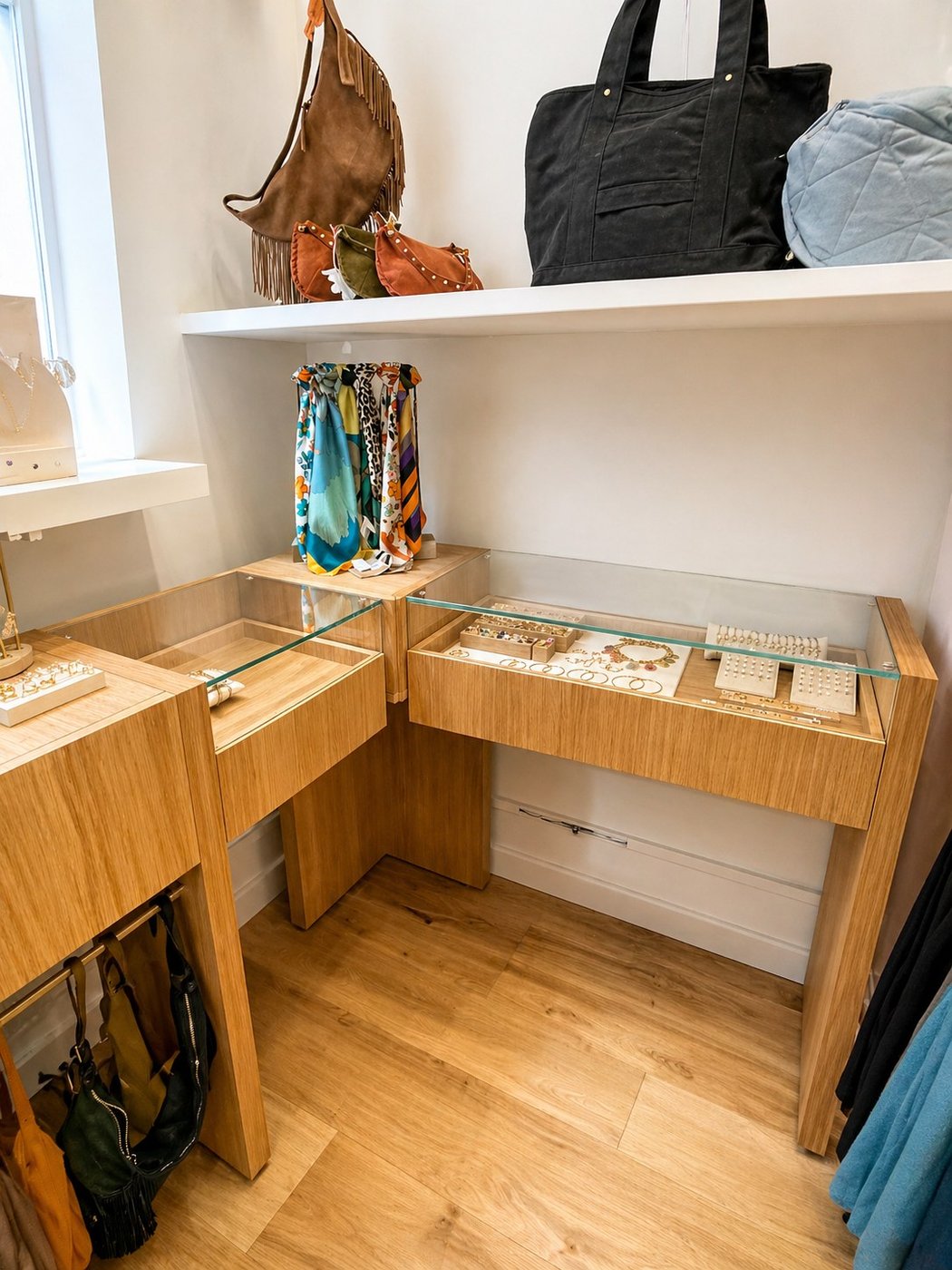 Agencement bijouterie sur mesure avec vitrines bois et laiton, présentoirs intégrés et éclairage haute CRI