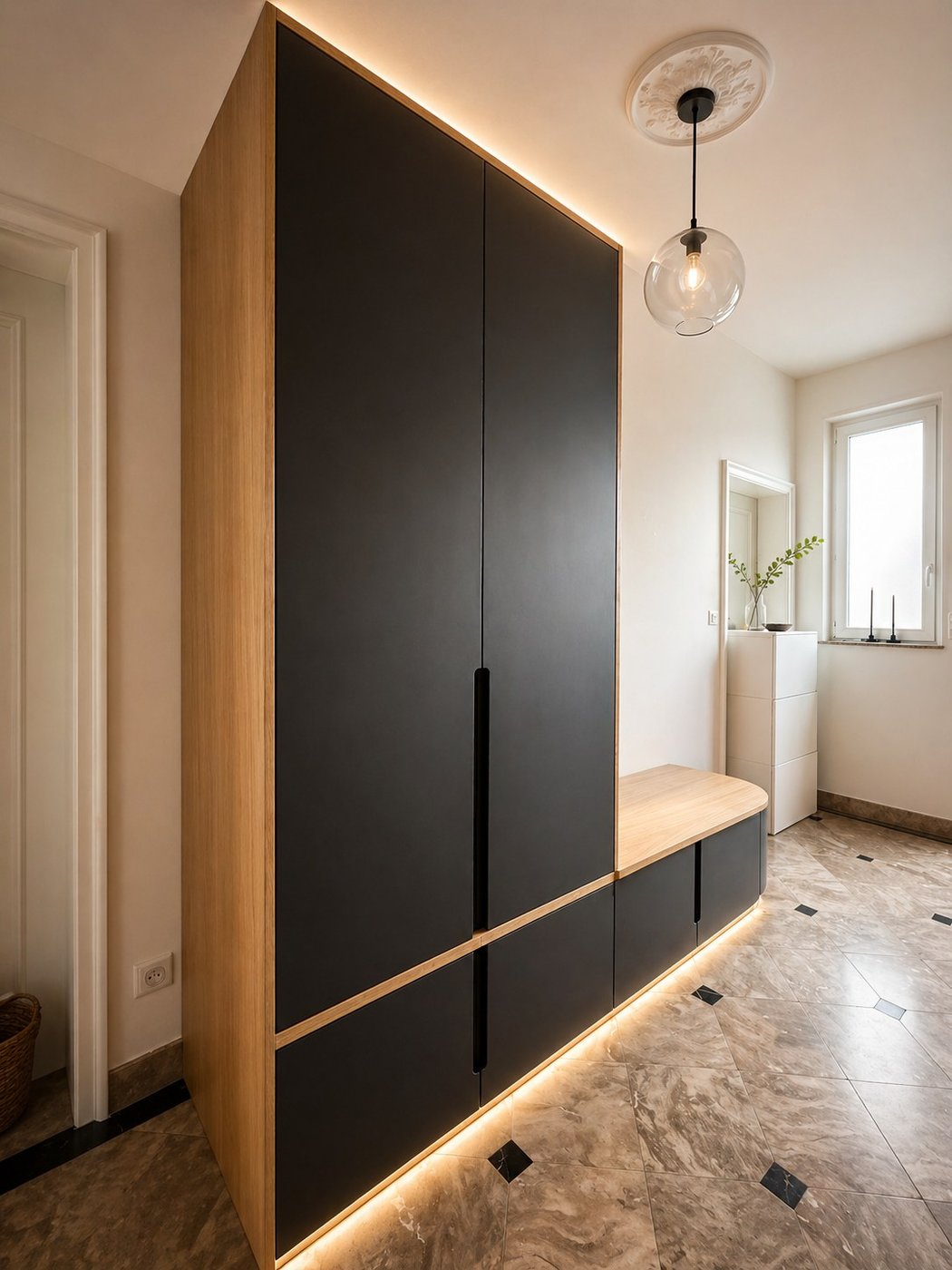 Meuble d'entrée chêne et Valchromat avec banquette tapissée — vue d'ensemble