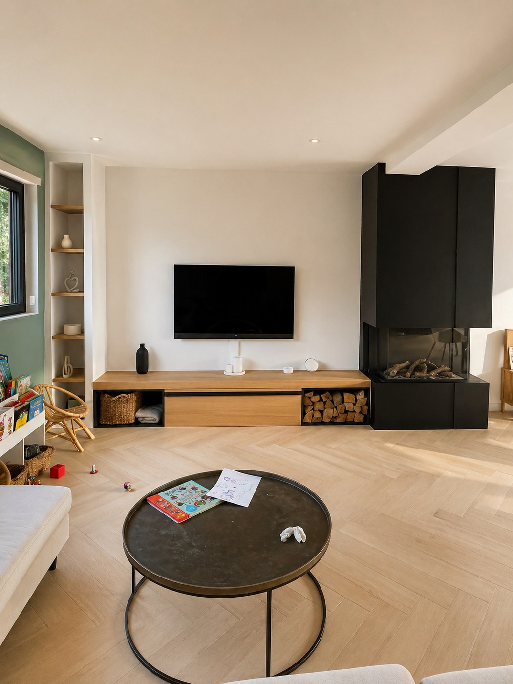 Meuble TV Shinnoki Ivory Oak avec range-bûches Valchromat — vue 1